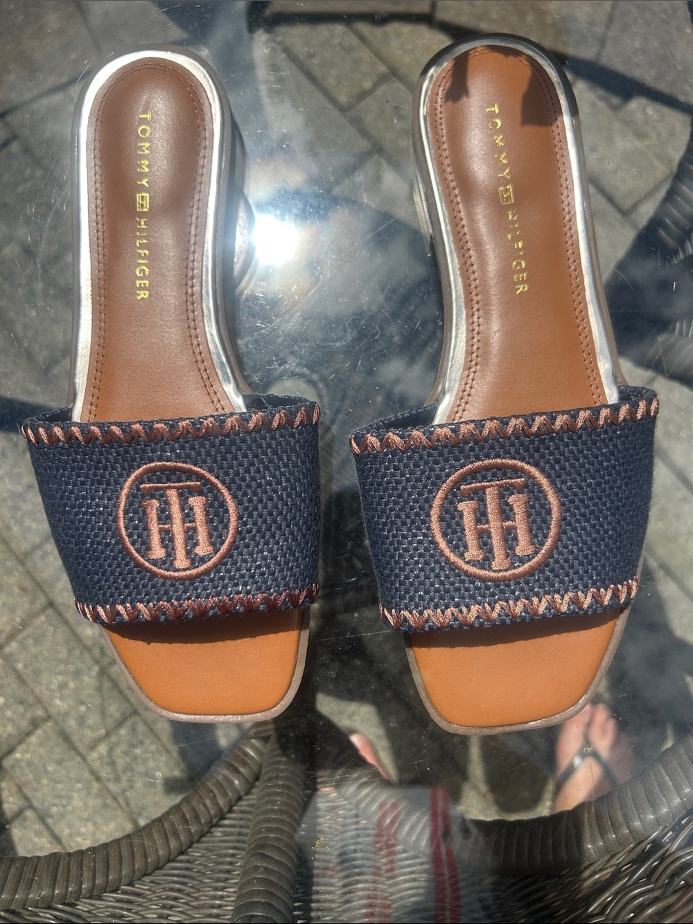 Tommy Hilfiger Navy and Brown Logo Slide Mules